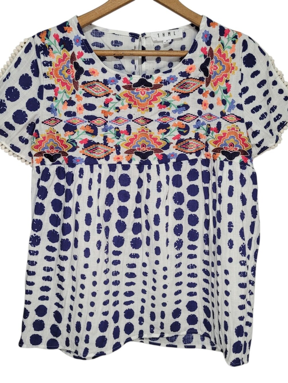 THML Embroidered Top Women's Size S White Blue Polka Dot Boho Cottagecore Artsy